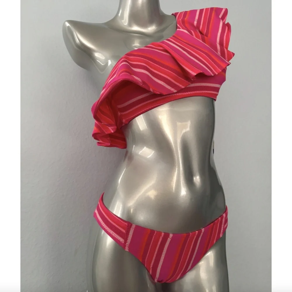 Trina Turk Pink & Orange One-Shoulder Ruffle Stripe Bikini - Picture 6 of 9